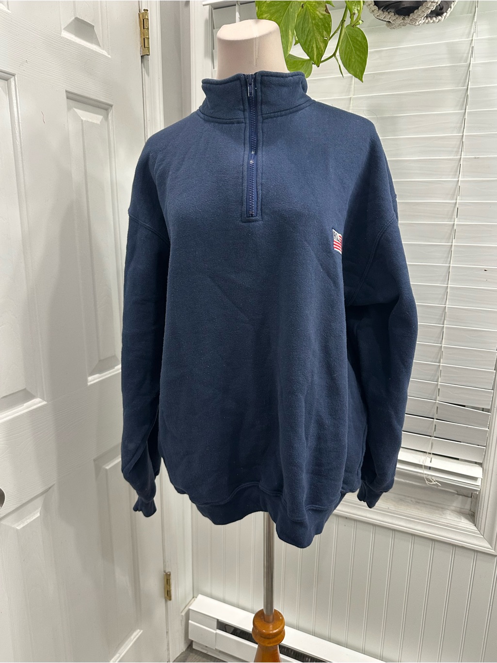 Vintage Polo By Ralph Lauren Navy Quarter-Zip Fleece Sweater With Flag Detail